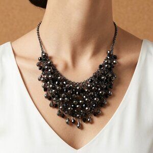 Black Crystal Bib Statement Necklace – Elegant Beaded Evening Necklace
